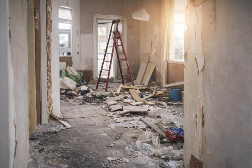 Byggesandheden.dk guider dig igennem entreprisekontrakter, AB Forbruger, bygge og renoverings projekter. Jeg vil hjælpe dig med at komme sikkert i mål med dit byggeprojekt 2 Viser arbejde under renovering af lejlighed, nedbrydning af tapet på vægge.